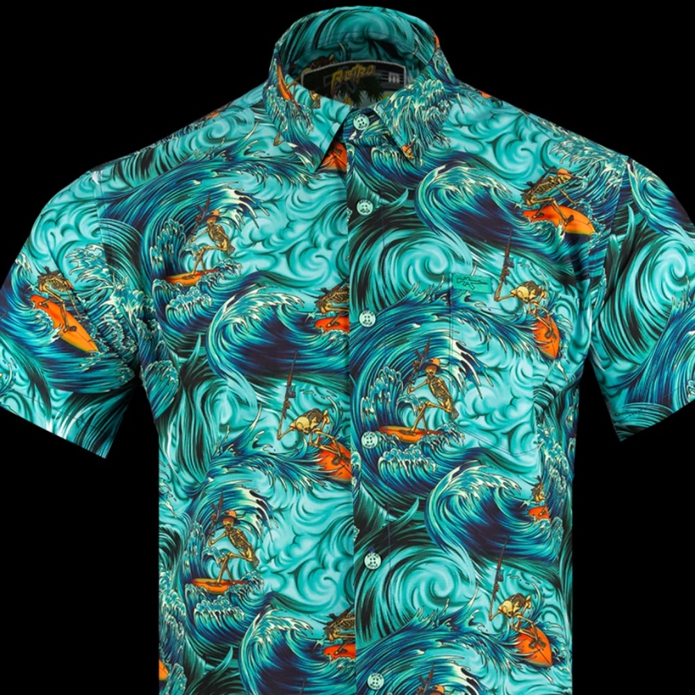 Retro Rifle Men's Full Button Down - Surf's Up (teal)